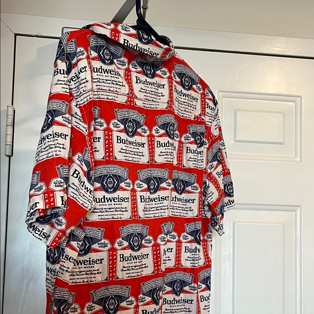 Budweiser Logo Patterned Red and White Shirt - image 4